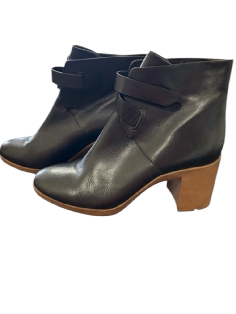 NEW A7EIJE Black Leather Elegant Ankle Veda Boots with Tan Block Heel 9.5 Moto